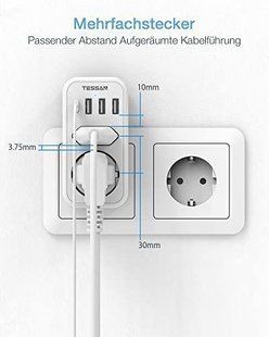 Подвійна вилка Tessan для розетки, кілька розеток USB C, адаптер розетки, 2 сторони з 4 штекерами USB 1729820796 фото