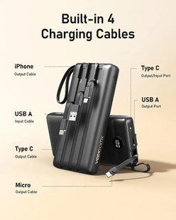VEEKTOMX Power Bank із вбудованими кабелями 20000 мАг, портативним зарядним пристроєм для iPhone 67888990 фото