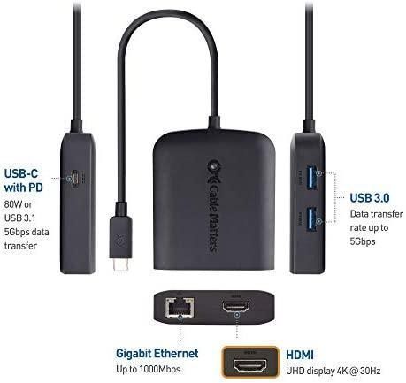 Адаптер. usb c із hdmi 4k, зарядка 80 Вт, гігабітний Ethernet і 3 порти usb чорного кольору - usb-c 500011 фото