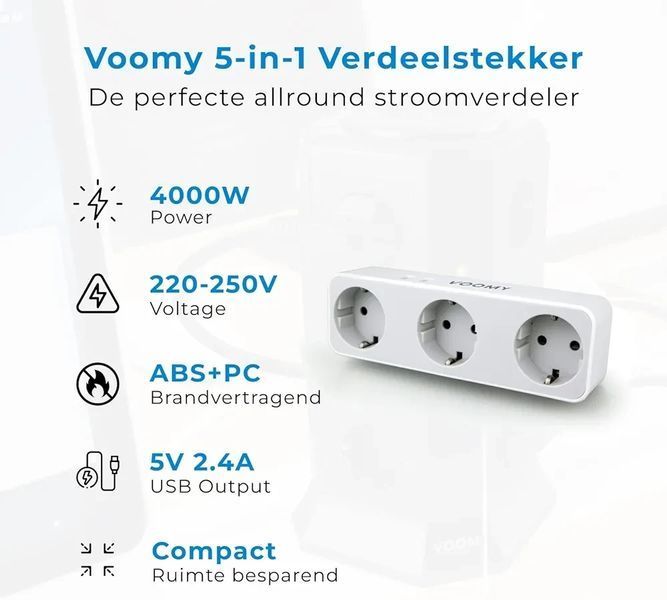 Розподільна вилка VOOMY 5-в-1, 3-контактний розгалужувач розеток з 2 USB-портами, блок живлення 4000 Вт з USB 123778 фото