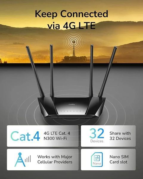 Cudy N300 Wi-Fi маршрутизатор 4G LTE зі слотом для SIM-карти, 300 Мбіт/с WiFi 12355444 фото