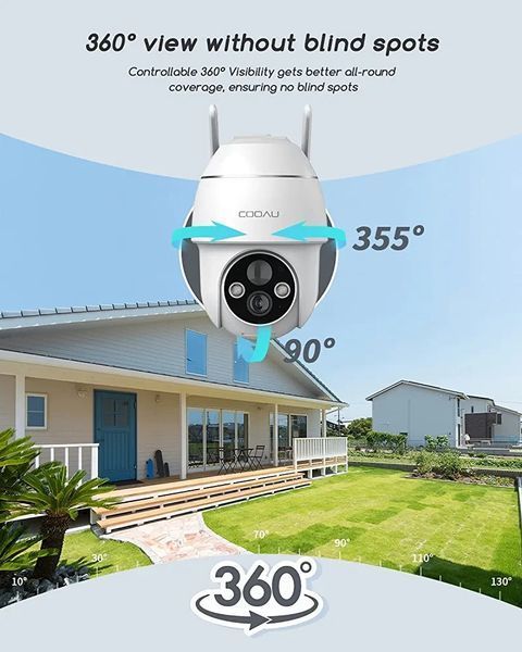 COOAU Solar Security Camera Outdoor, 2K 360&deg; PTZ камера з кольоровим нічним баченням, акумуляторні бездротов 3778989 фото